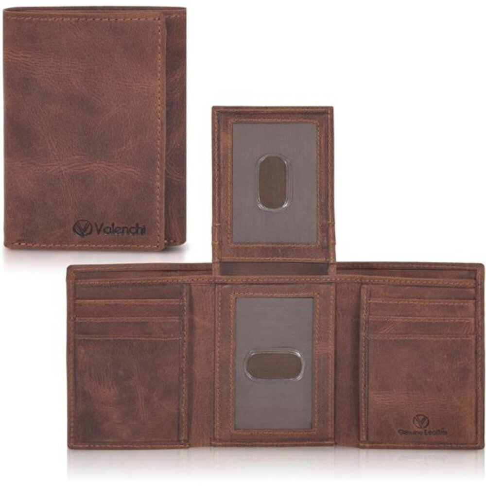 Genuine Real Leather Trifold Men's Wallet - With Card Holder Slots, ID